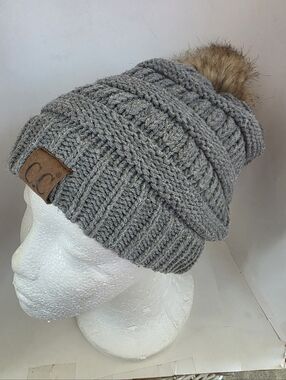 C.C Gray Cable Knit Beanie with Faux Fur Pom